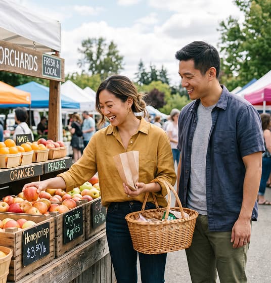 A couple buys apples at a farmers market
